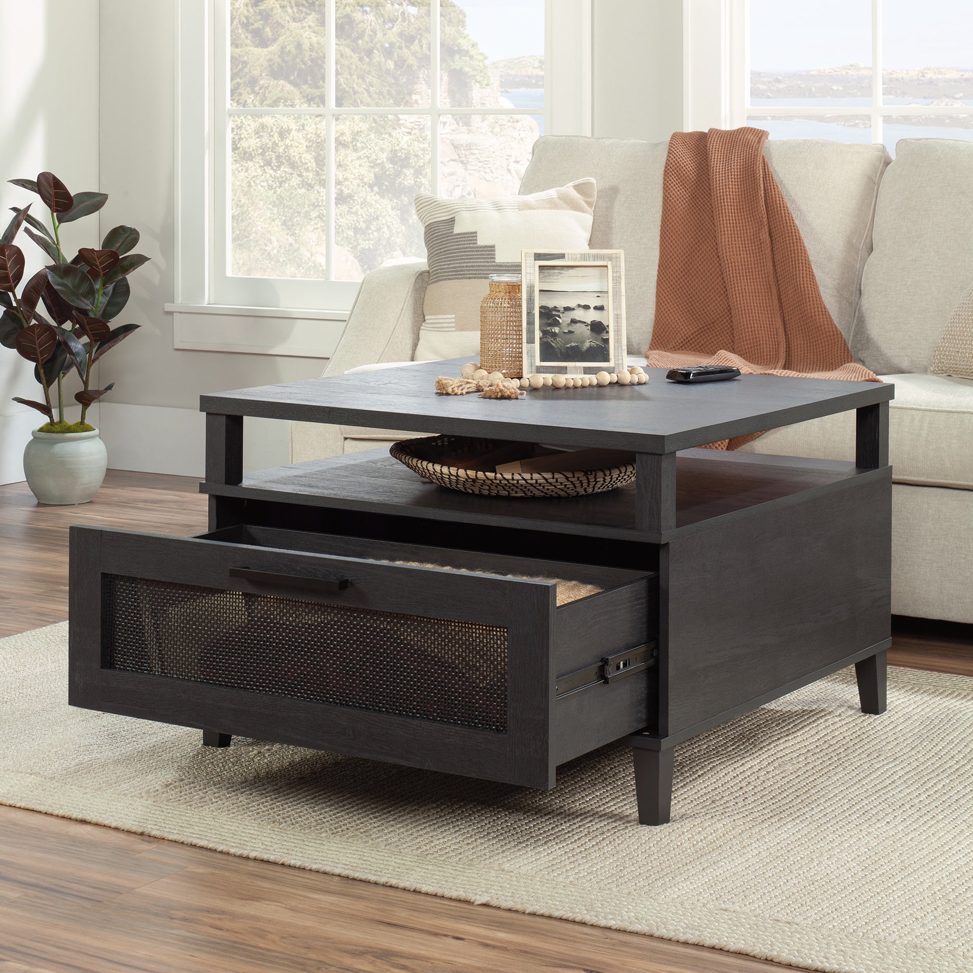 Coastal Coffee Table with Spacious Drawer, Black finish