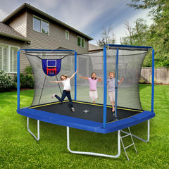 New YC 8ft by 12ft rectangular trampoline with basketball board,ball inflater and ladder-Blue ASTM standard tested and CPC certified