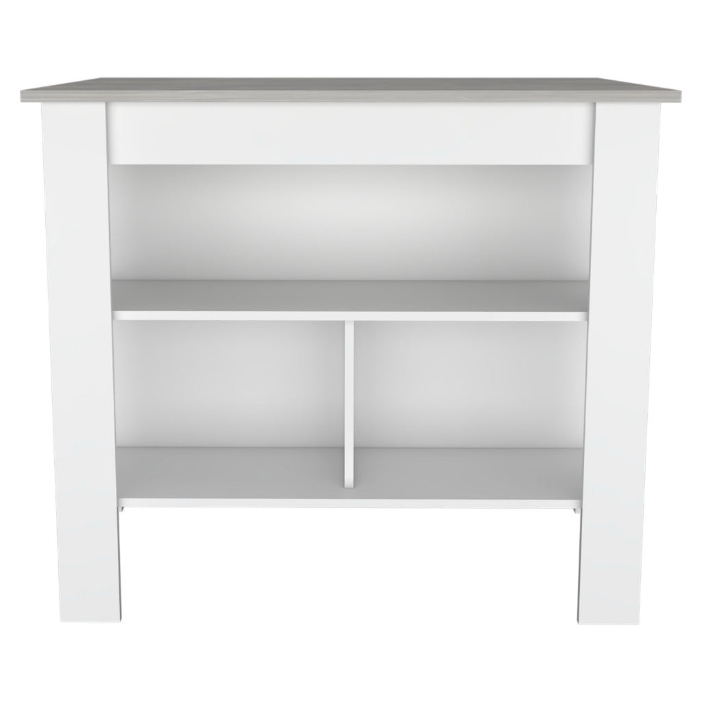 Kitchen Island, kitchen table 35" H, Four Legs, Three Open Storage Shelves, White / Ibiza Marble