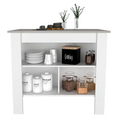 Kitchen Island, kitchen table 35" H, Four Legs, Three Open Storage Shelves, White / Ibiza Marble