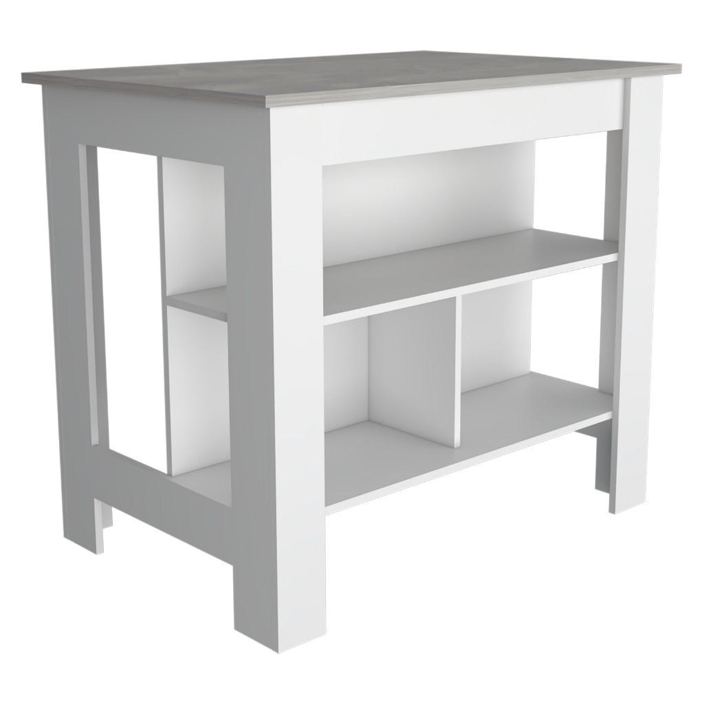 Kitchen Island, kitchen table 35" H, Four Legs, Three Open Storage Shelves, White / Ibiza Marble