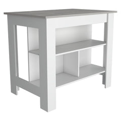Kitchen Island, kitchen table 35" H, Four Legs, Three Open Storage Shelves, White / Ibiza Marble