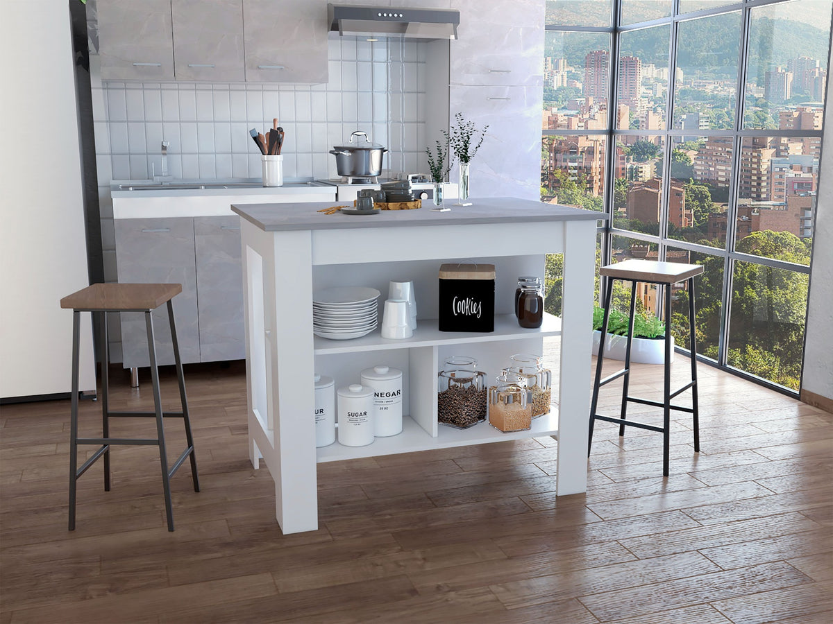 Kitchen Island, kitchen table 35" H, Four Legs, Three Open Storage Shelves, White / Ibiza Marble