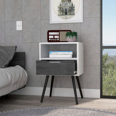 Nightstand 25"H, Superior Top, Four Legs, One Open Shelf, One Drawer, Smokey Oak / White