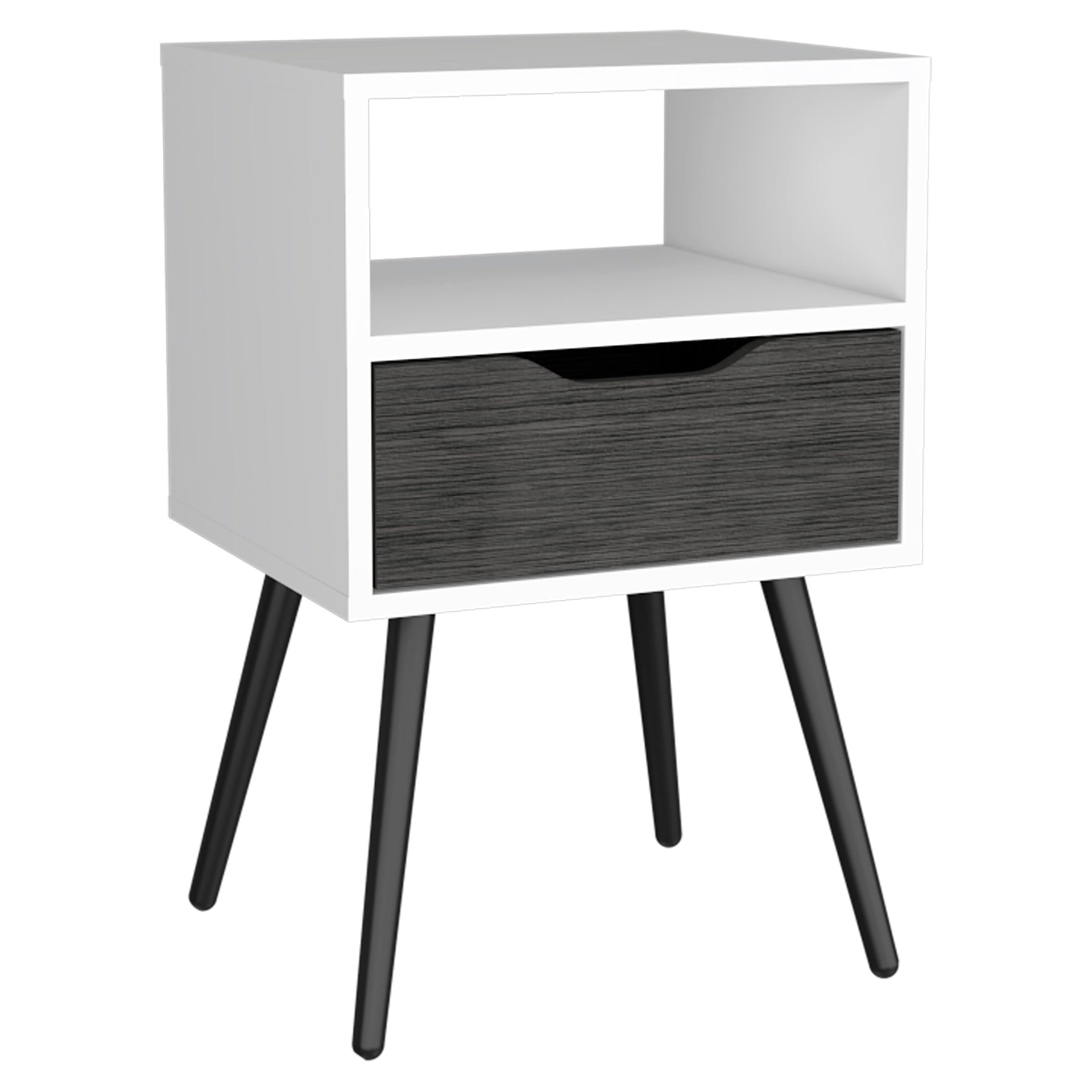 Nightstand 25"H, Superior Top, Four Legs, One Open Shelf, One Drawer, Smokey Oak / White