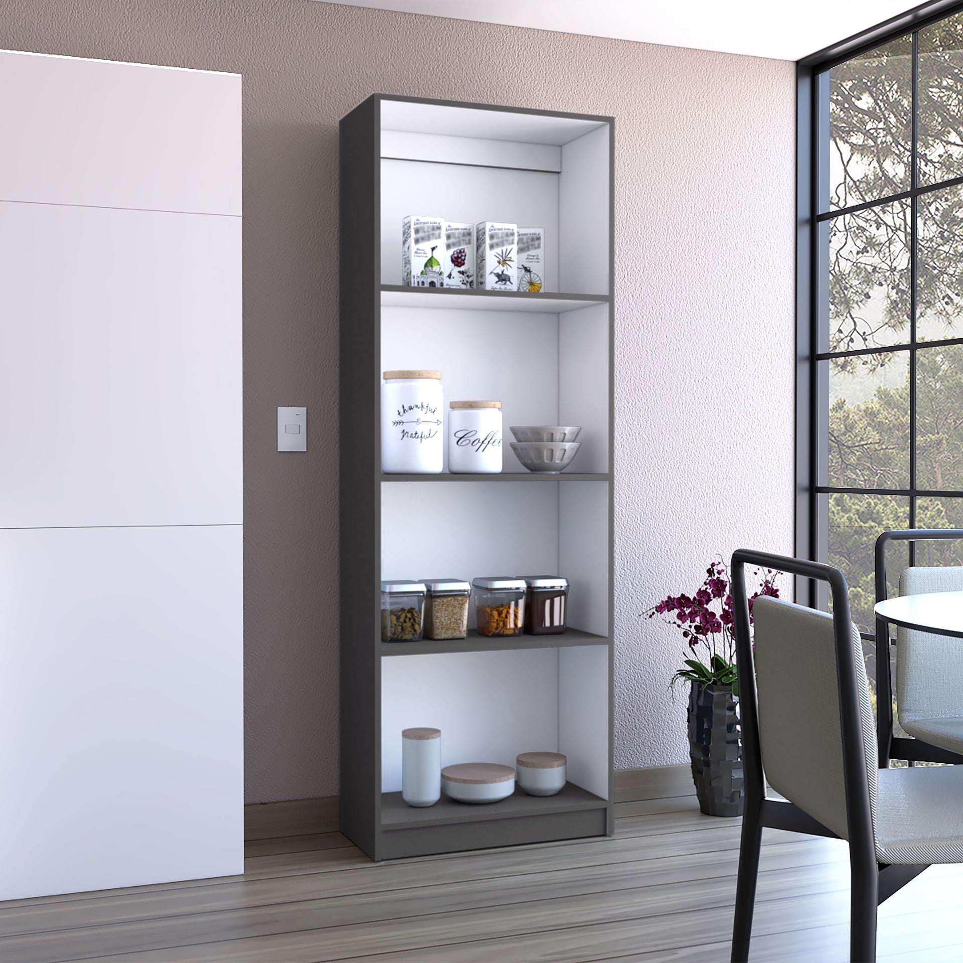 Vinton Bookcase with Spacious Tier-Shelving Design, Matt Gray / White