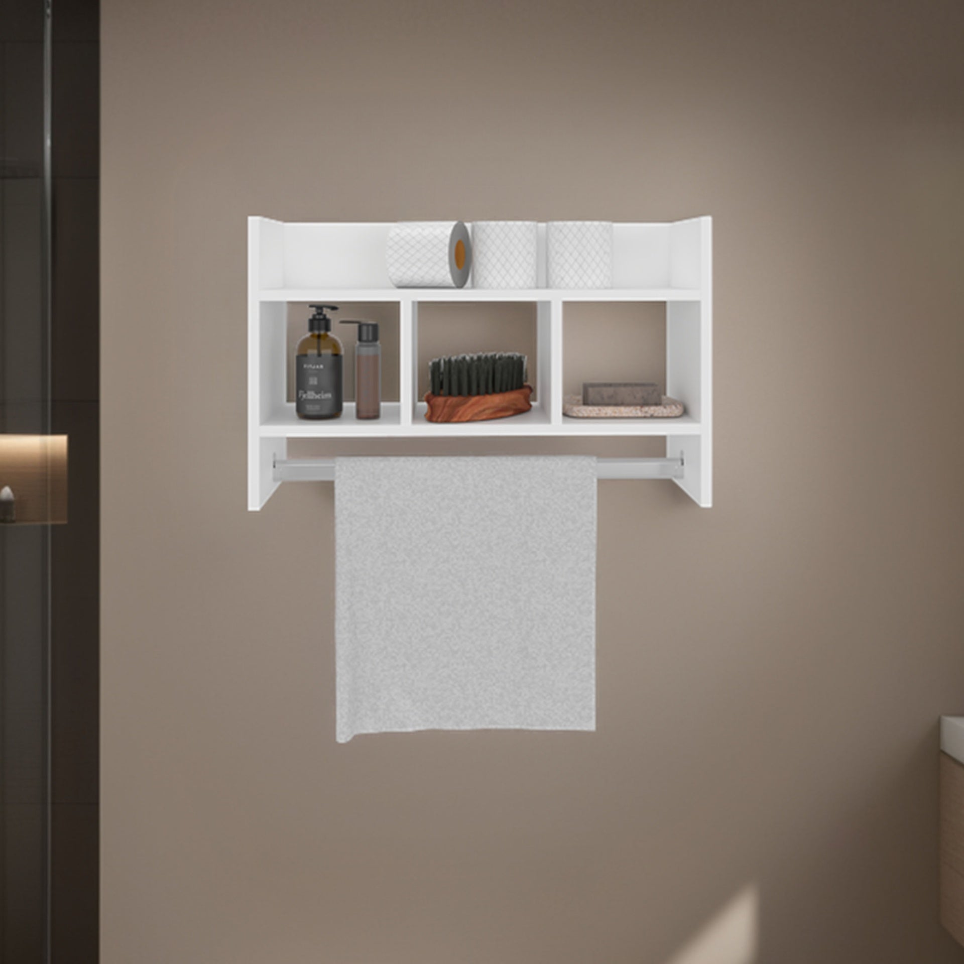 Dell Wall Shelf with Towel Bar 15.7" H, 4 Shelves, White - Bathroom