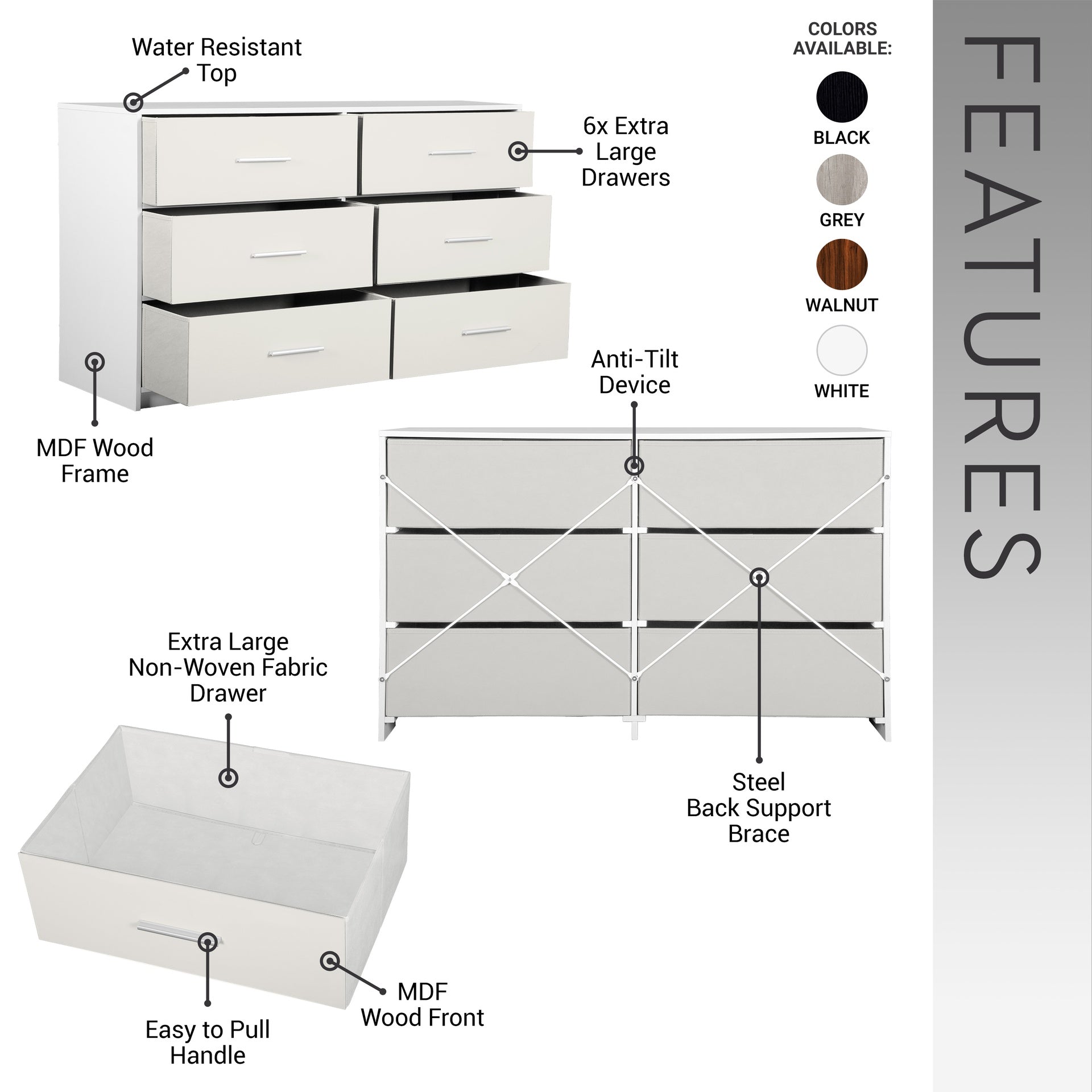6-Drawer Dresser with Large Fabric Drawers, White