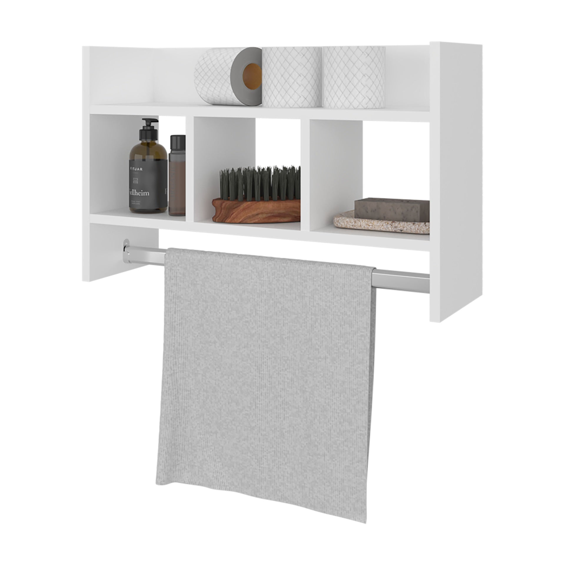FM FURNITURE Franklin Bath Shelf with Towel Bar, Open Shelves, and Storage Space for Bathroom Items, White