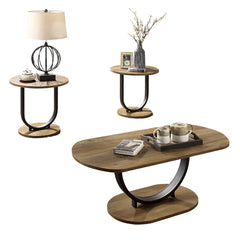 Industrial Style 3pc Coffee Table Rustic Oak And Sand Black Finish U-Shape Base Steel 1x Oval Coffee Table 2x Round End Table Replicated Wood Top