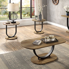 Industrial Style 3pc Coffee Table Rustic Oak And Sand Black Finish U-Shape Base Steel 1x Oval Coffee Table 2x Round End Table Replicated Wood Top