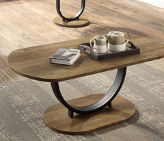 Industrial Style 3pc Coffee Table Rustic Oak And Sand Black Finish U-Shape Base Steel 1x Oval Coffee Table 2x Round End Table Replicated Wood Top