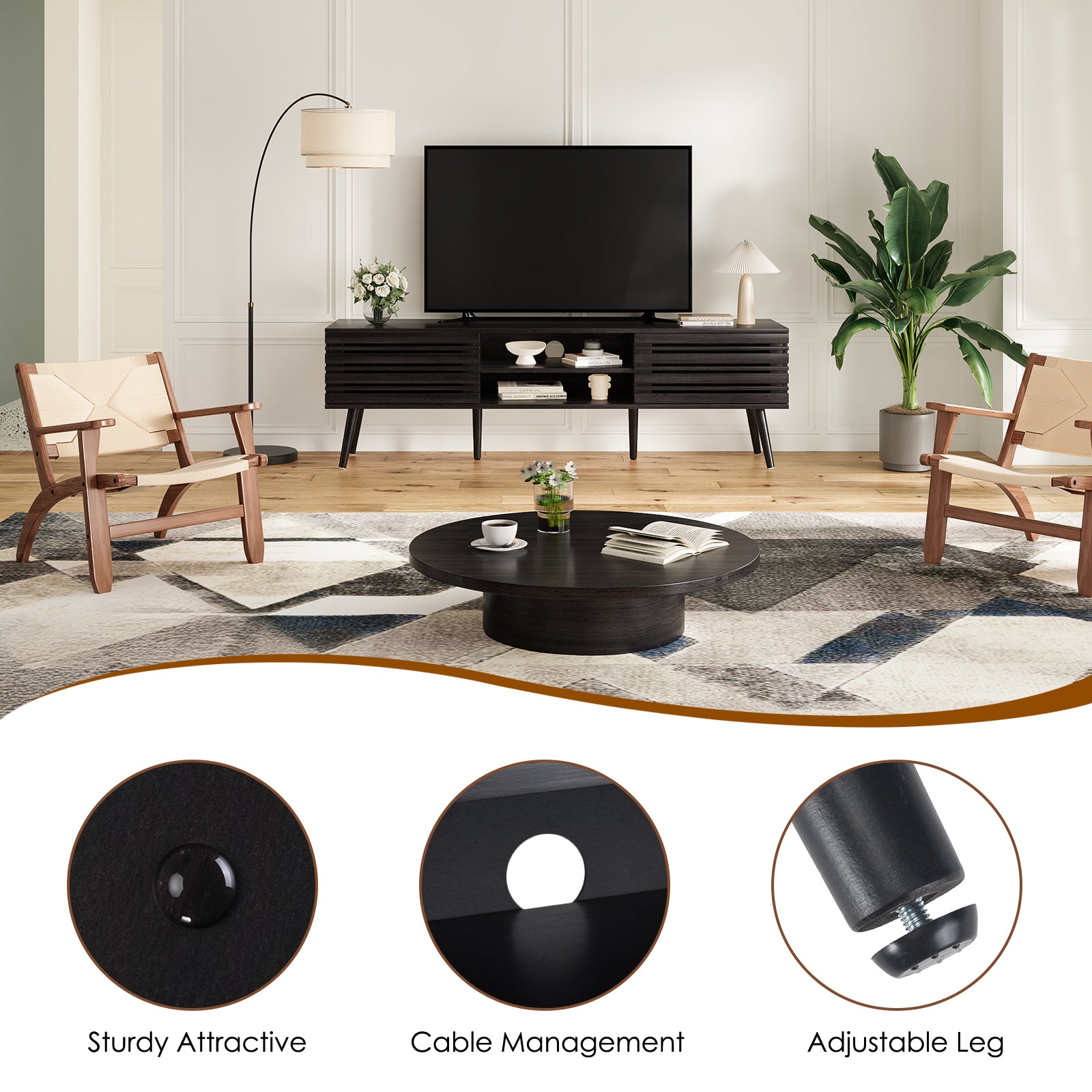 Mid Century Modern TV Stands for up to 70" TV with Storage, Fluted Wood TV Stand for Living Room, Boho Media Console, Entertainment Center with Cable Management