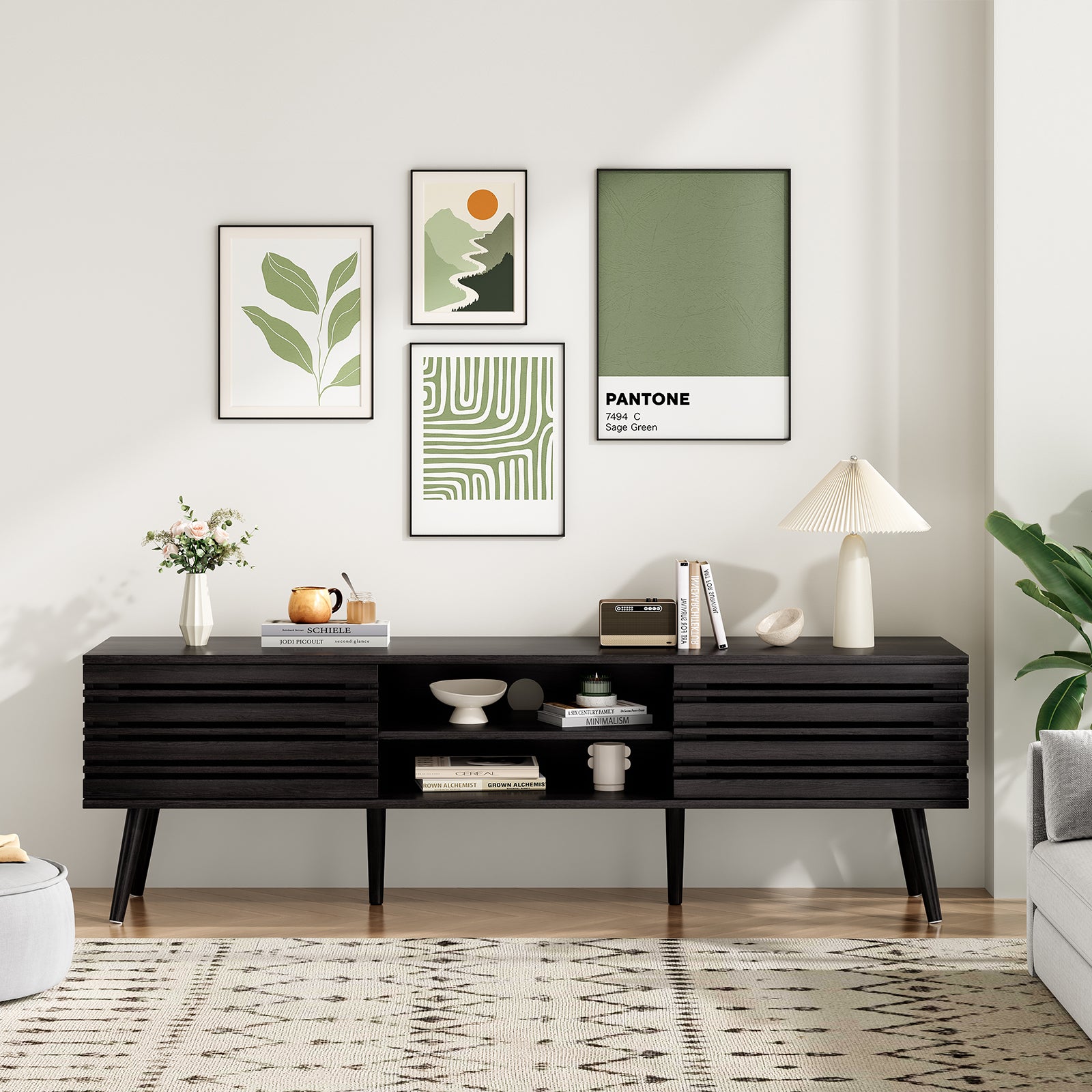 Mid Century Modern TV Stands for up to 70" TV with Storage, Fluted Wood TV Stand for Living Room, Boho Media Console, Entertainment Center with Cable Management