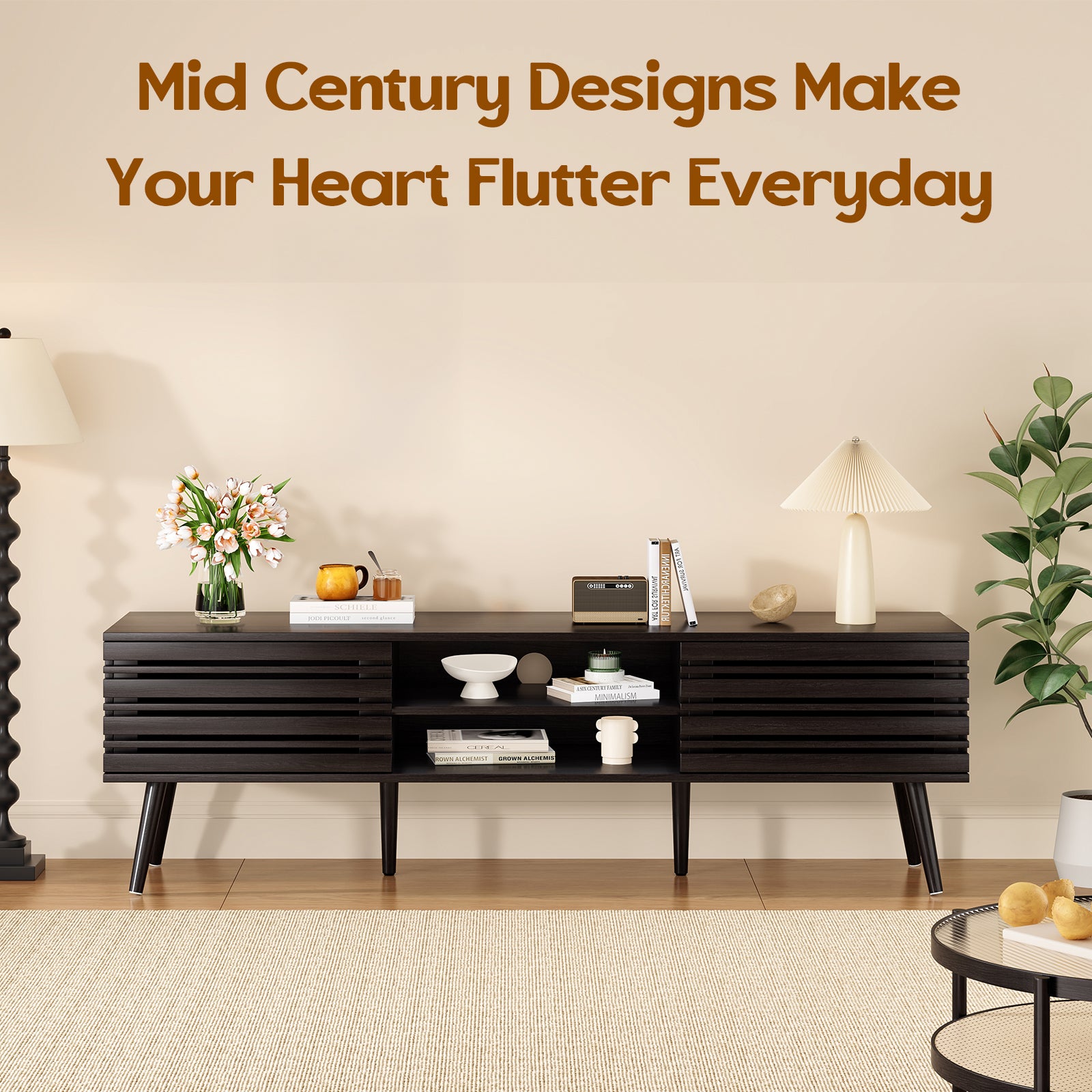 Mid Century Modern TV Stands for up to 70" TV with Storage, Fluted Wood TV Stand for Living Room, Boho Media Console, Entertainment Center with Cable Management