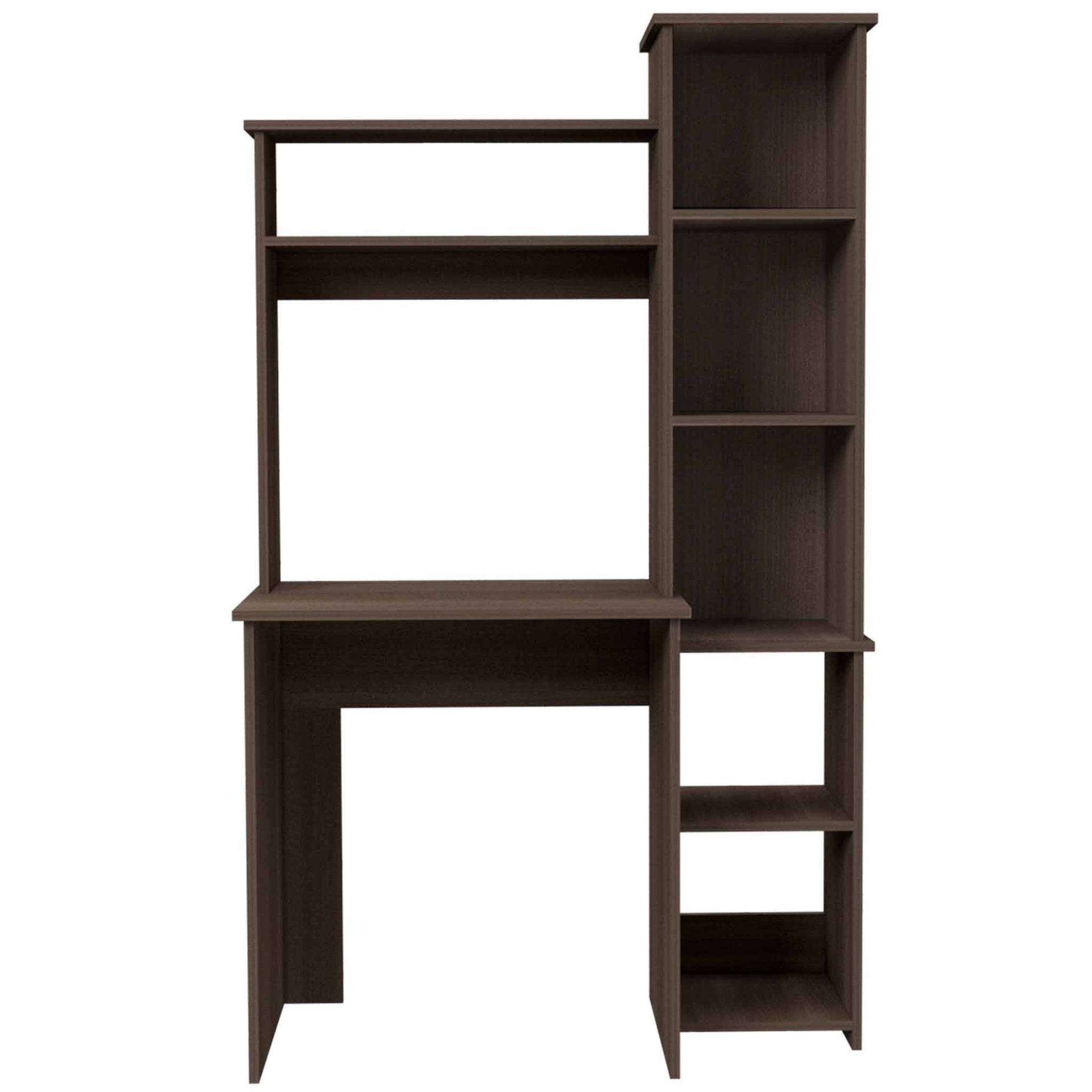 Smokey Oak 6-Shelf Writing Desk with Built-in Bookcase