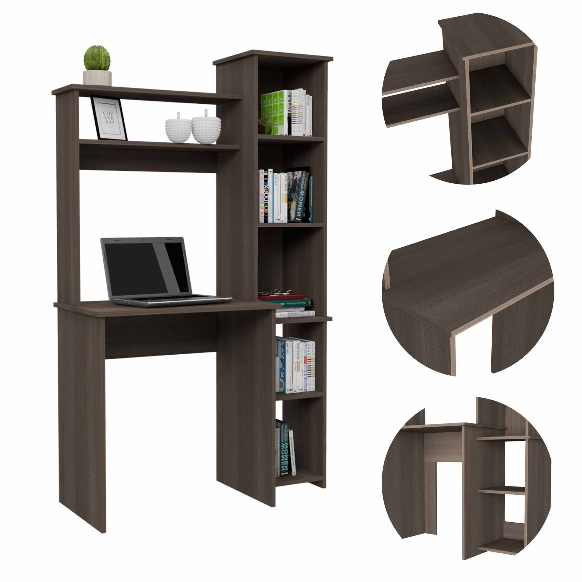 Smokey Oak 6-Shelf Writing Desk with Built-in Bookcase