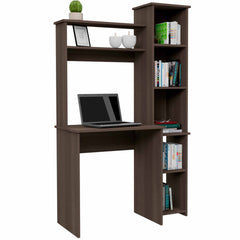 Smokey Oak 6-Shelf Writing Desk with Built-in Bookcase
