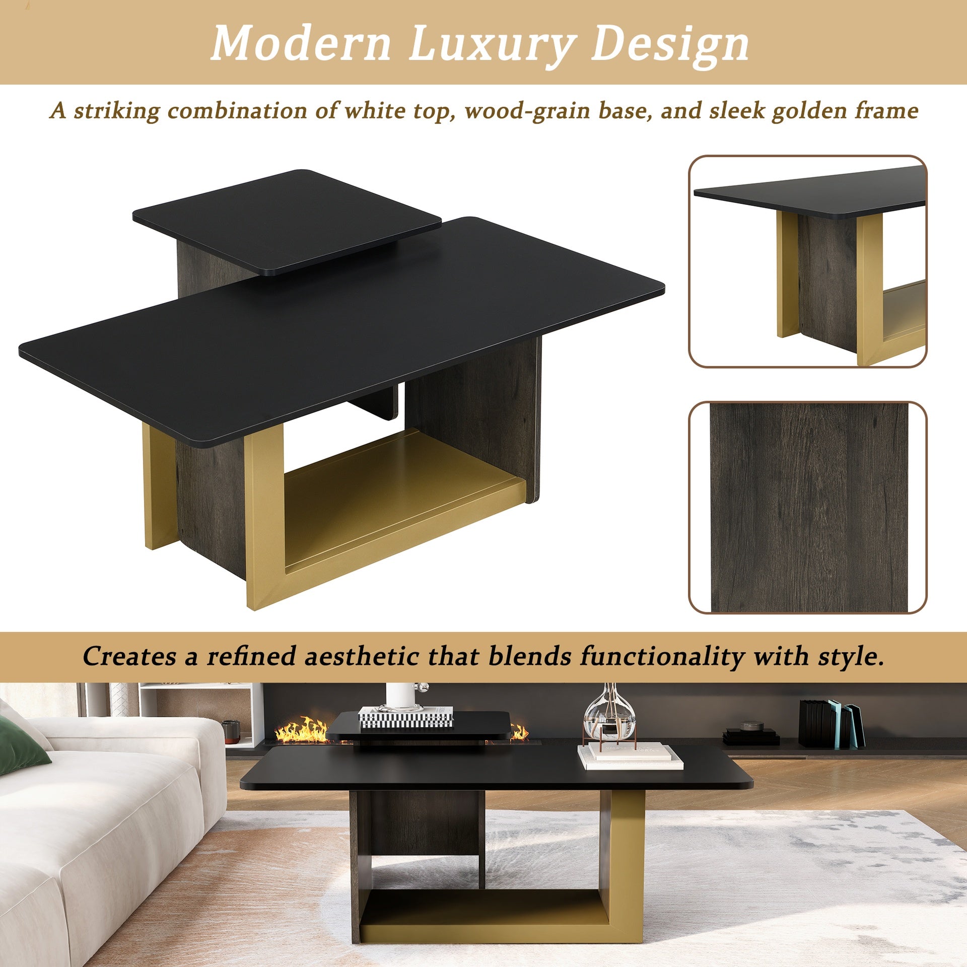VIBE HAUS Modern Light Luxury Coffee Table Set of 2, Small Square Coffee End Table with Spacious Top, Center Table for Living Room