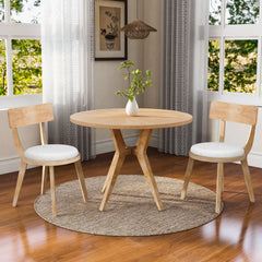 Set of 2 Modern Upholstered Dining Chairs, Rubberwood, Natural + Beige