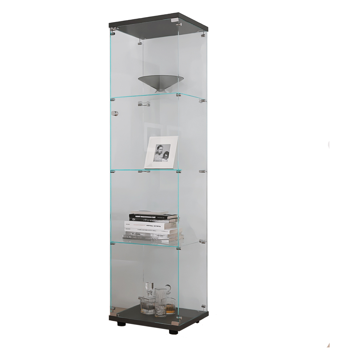 4 Shelves Glass Cabinet Glass Display Cabinet with One Door, Black