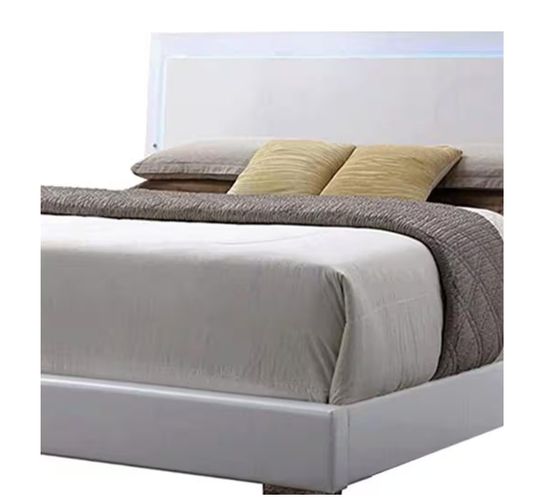 Lorimar  White Synthetic Leather & White Leg Queen Bed W/Led