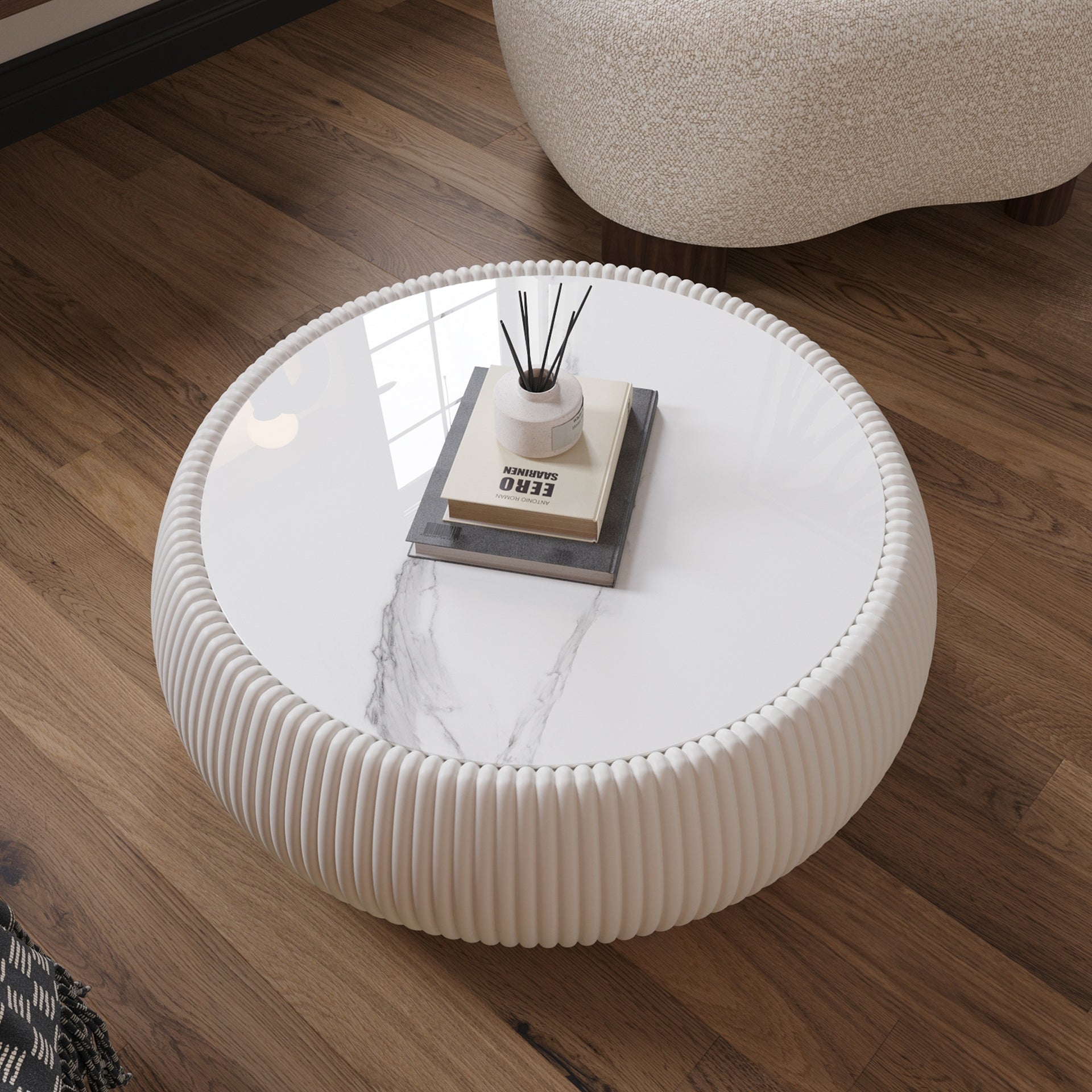Light Sintered stone Top Drum Shape Leather Coffee modern Sofa Table for Living Room furniture (Each tabletop has a unique grey pattern)