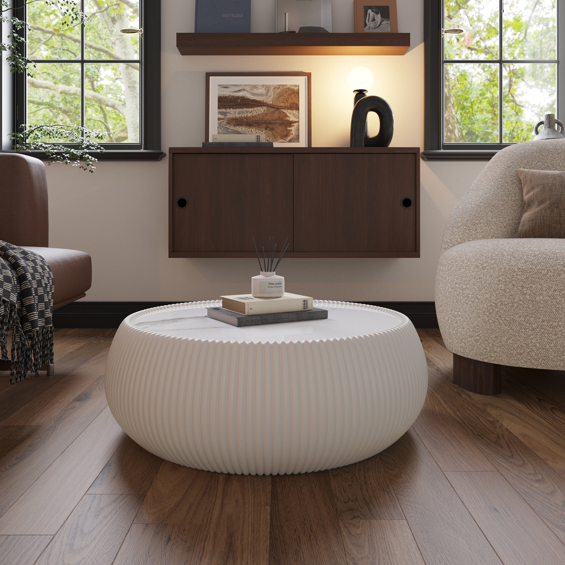 Light Sintered stone Top Drum Shape Leather Coffee modern Sofa Table for Living Room furniture (Each tabletop has a unique grey pattern)