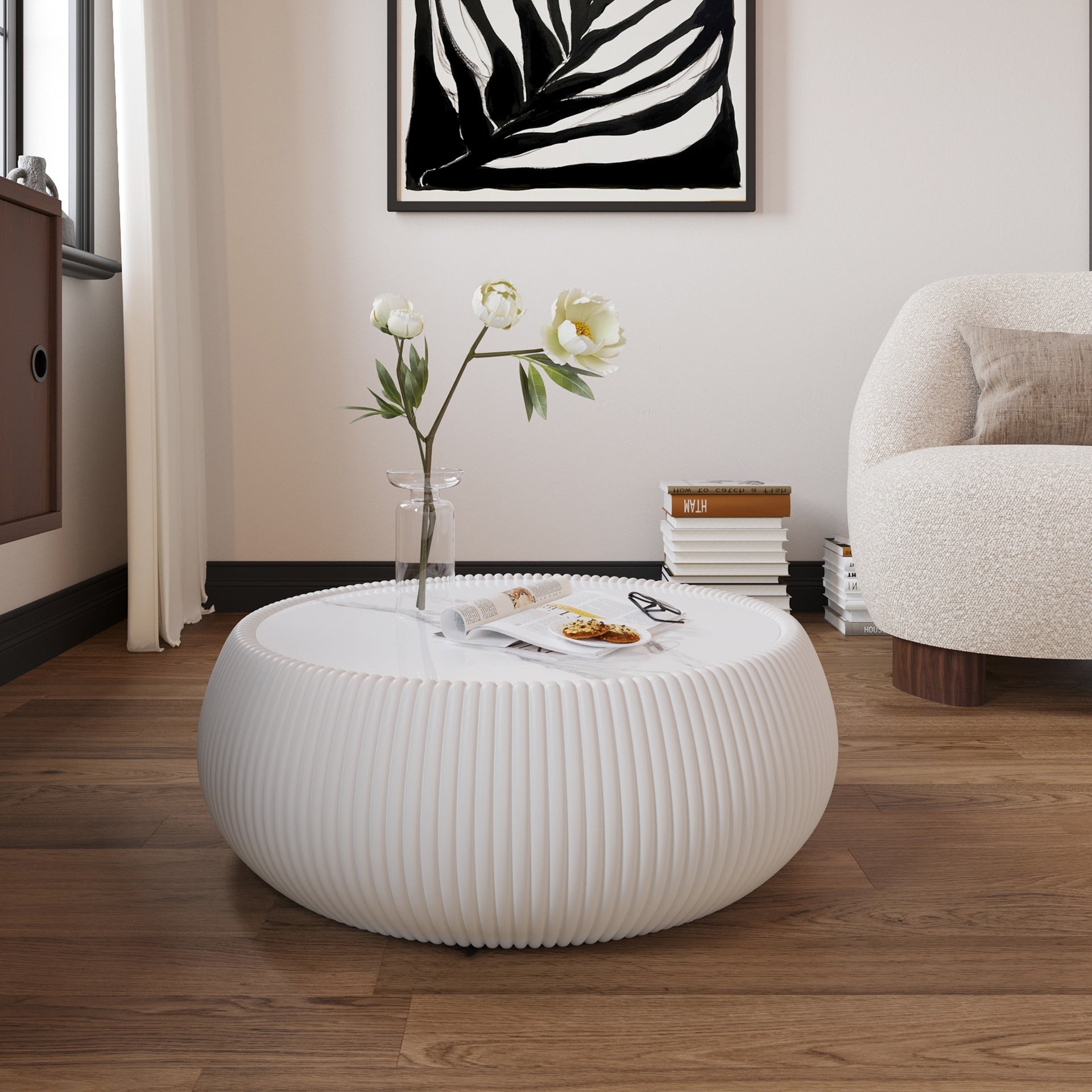 Light Sintered stone Top Drum Shape Leather Coffee modern Sofa Table for Living Room furniture (Each tabletop has a unique grey pattern)