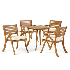 Outdoor Hermosa 5 Piece Wood Dining Set With Cushions, Teak Finish With Cream Cushion