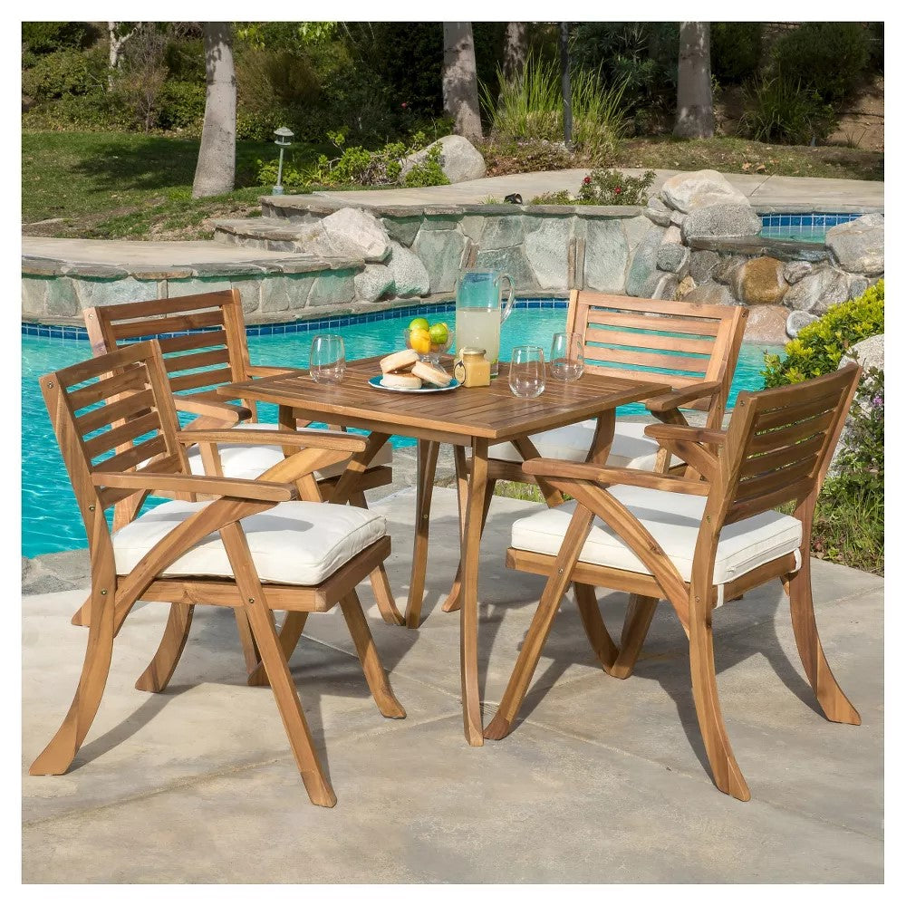 Outdoor Hermosa 5 Piece Wood Dining Set With Cushions, Teak Finish With Cream Cushion