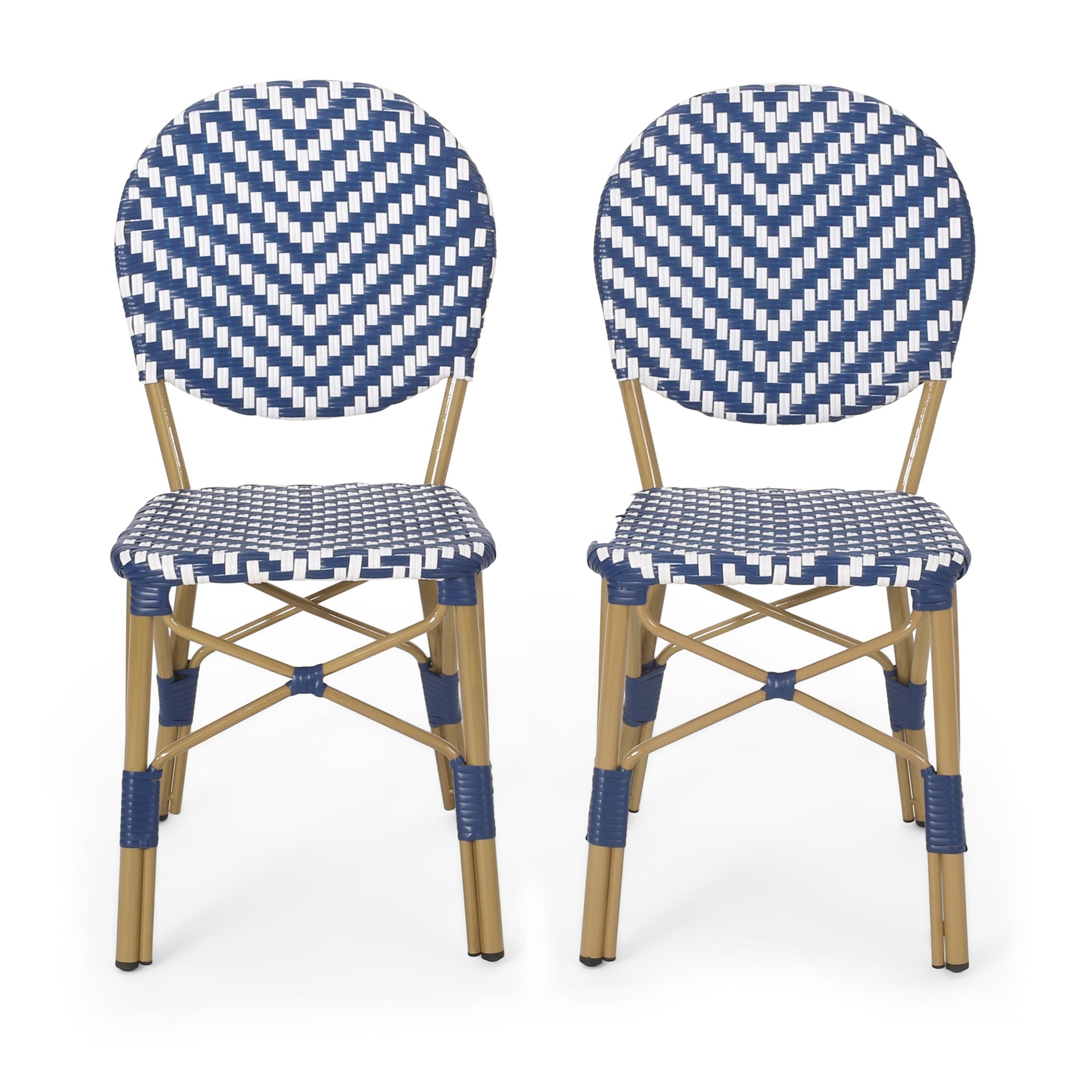 Outdoor PE Ratten and Aluminum French Armless Bistro Chairs, Set of 2, Navy Blue, Bamboo Print Finish