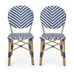 Outdoor PE Ratten and Aluminum French Armless Bistro Chairs, Set of 2, Navy Blue, Bamboo Print Finish