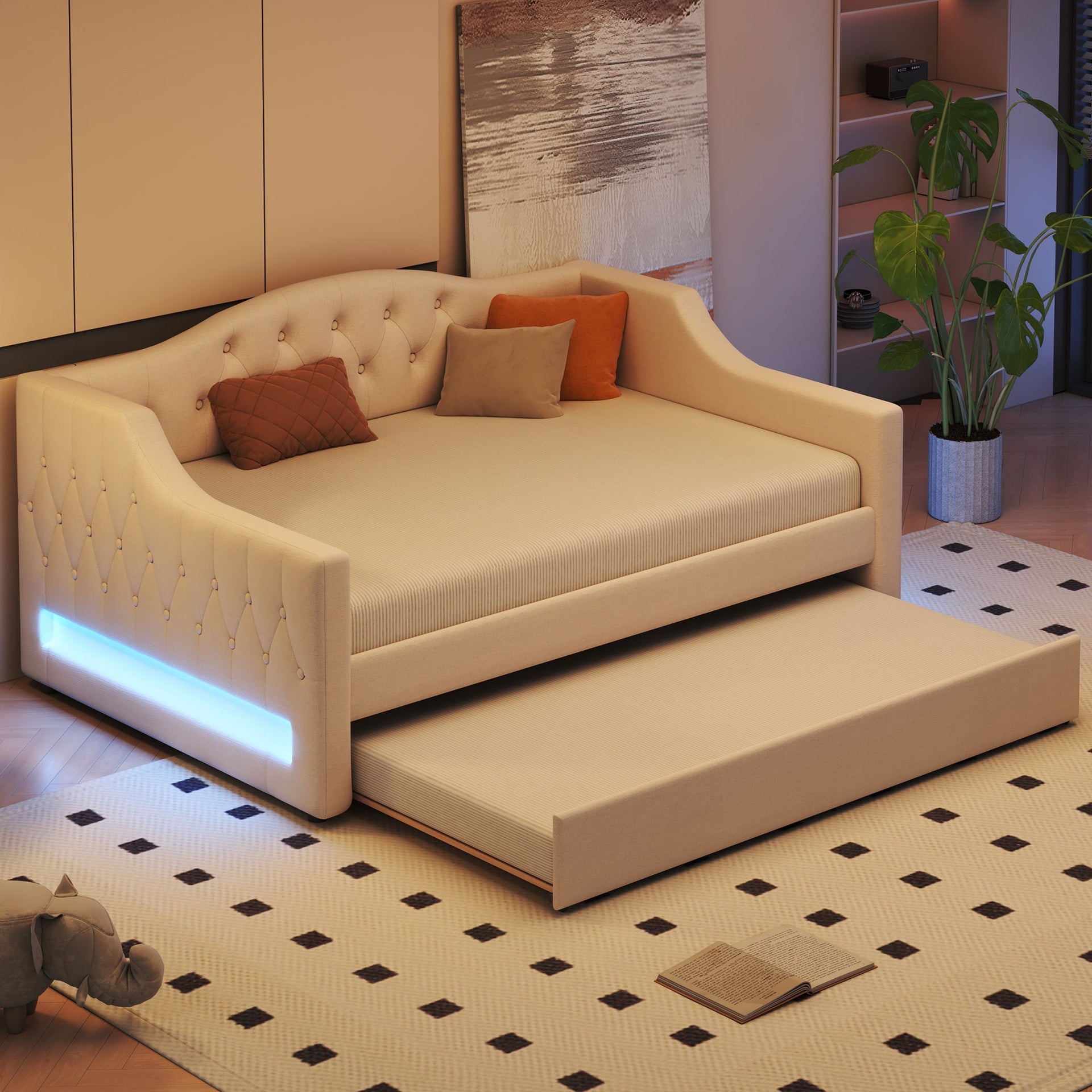 Upholstered Full XL Size Daybed with LED Belt and Trundle, Beige