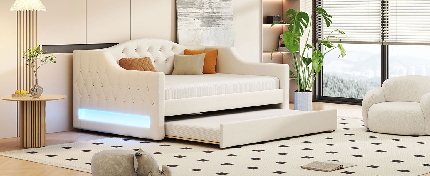 Upholstered Full XL Size Daybed with LED Belt and Trundle, Beige