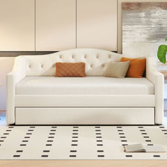 Upholstered Full XL Size Daybed with LED Belt and Trundle, Beige