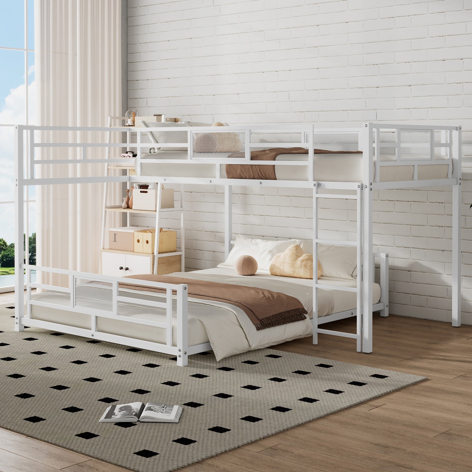 L-shaped Metal Twin over Full Size Bunk Bed, White