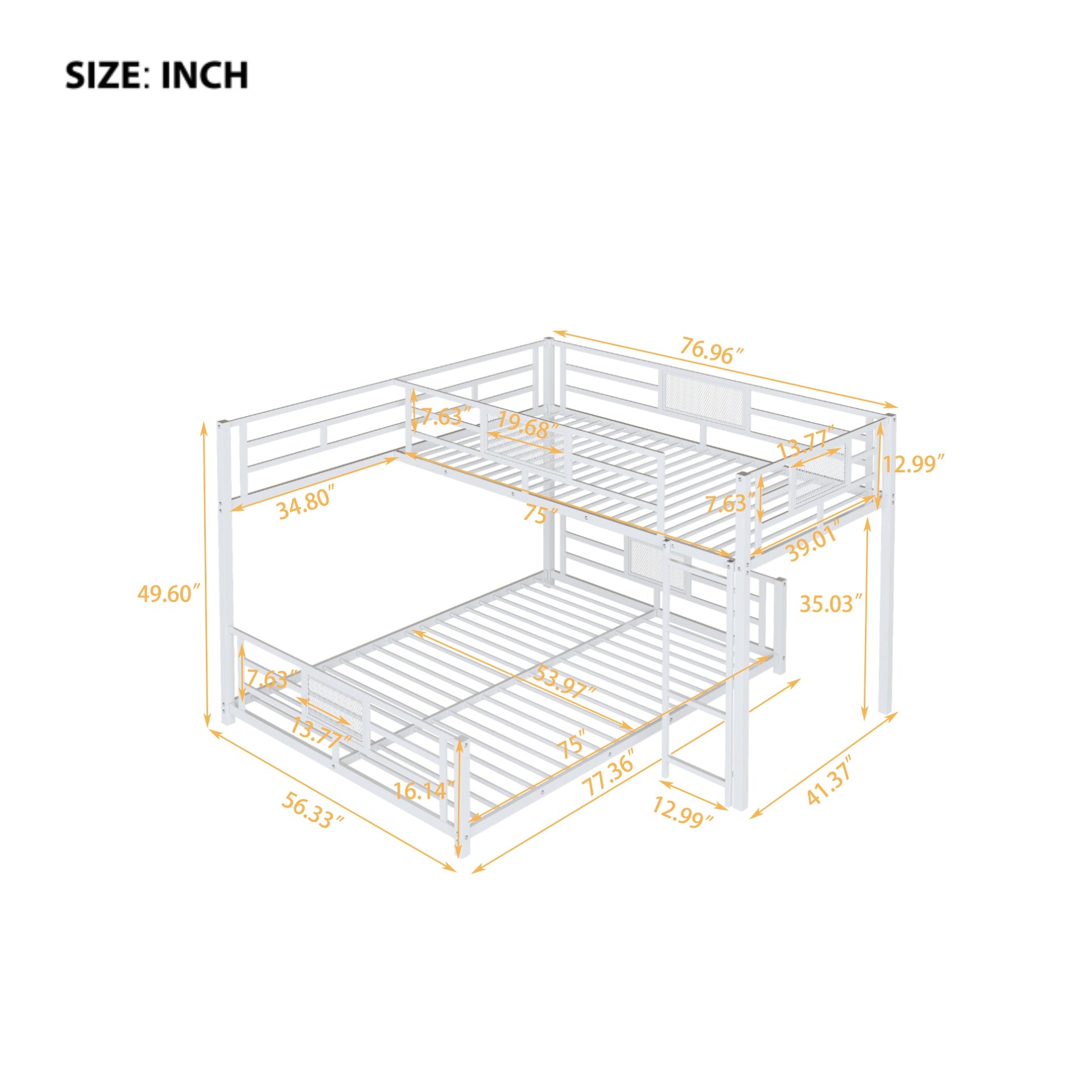 L-shaped Metal Twin over Full Size Bunk Bed, White
