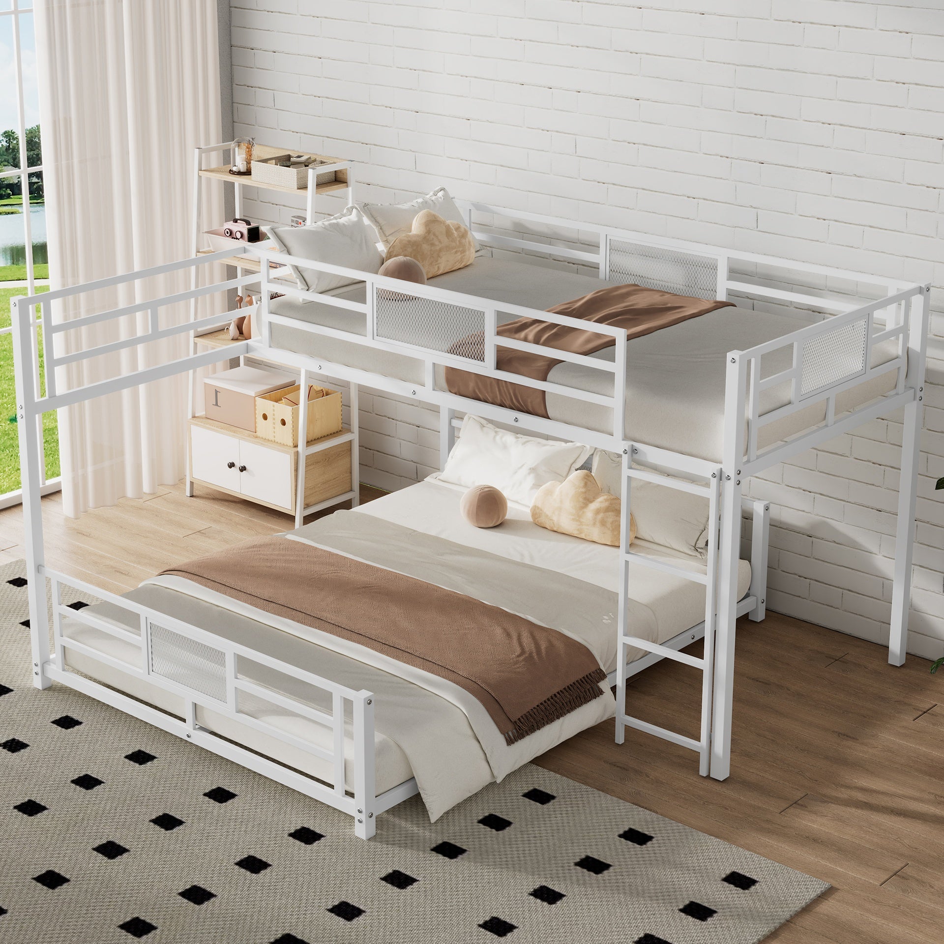 L-shaped Metal Twin over Full Size Bunk Bed, White