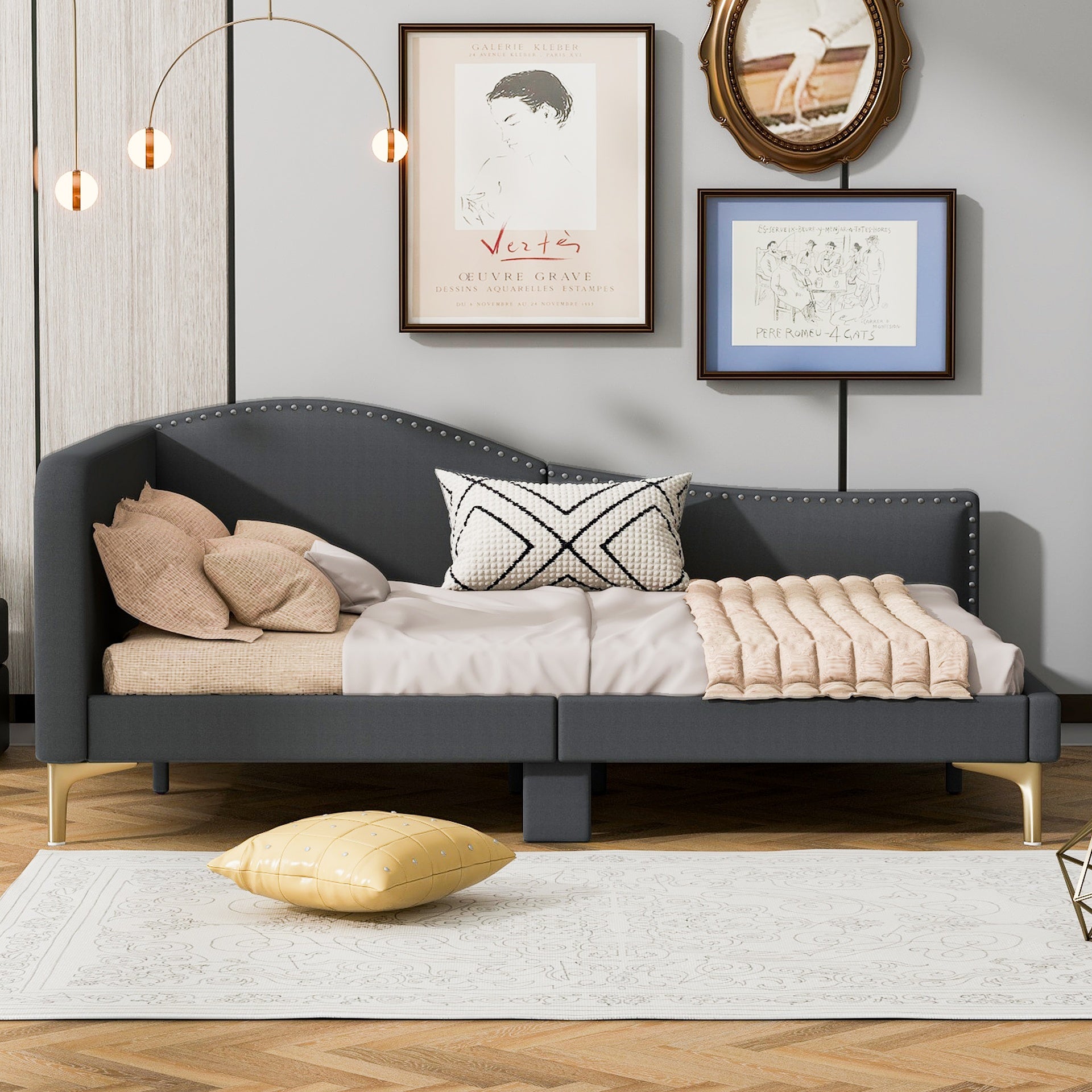 Full Size Upholstered Daybed with Headboard and Armrest, Support Legs, Grey