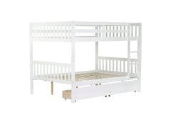 full Over full Rubber Wood Bunk Bed with 2 Drawers, Convertible into 2 full Beds, full Size Bunk Bed with Ladder and Safety Guardrails ,White