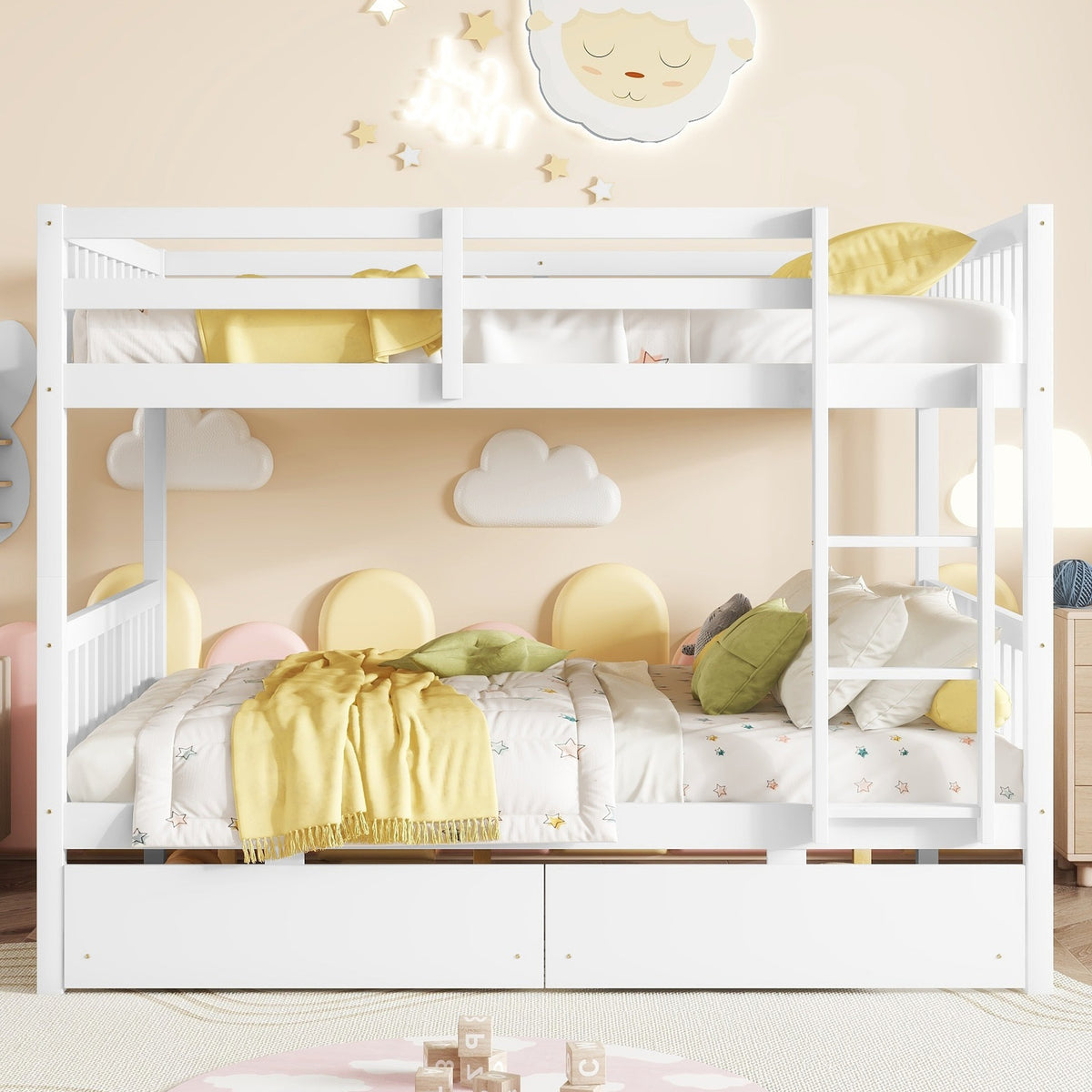 full Over full Rubber Wood Bunk Bed with 2 Drawers, Convertible into 2 full Beds, full Size Bunk Bed with Ladder and Safety Guardrails ,White