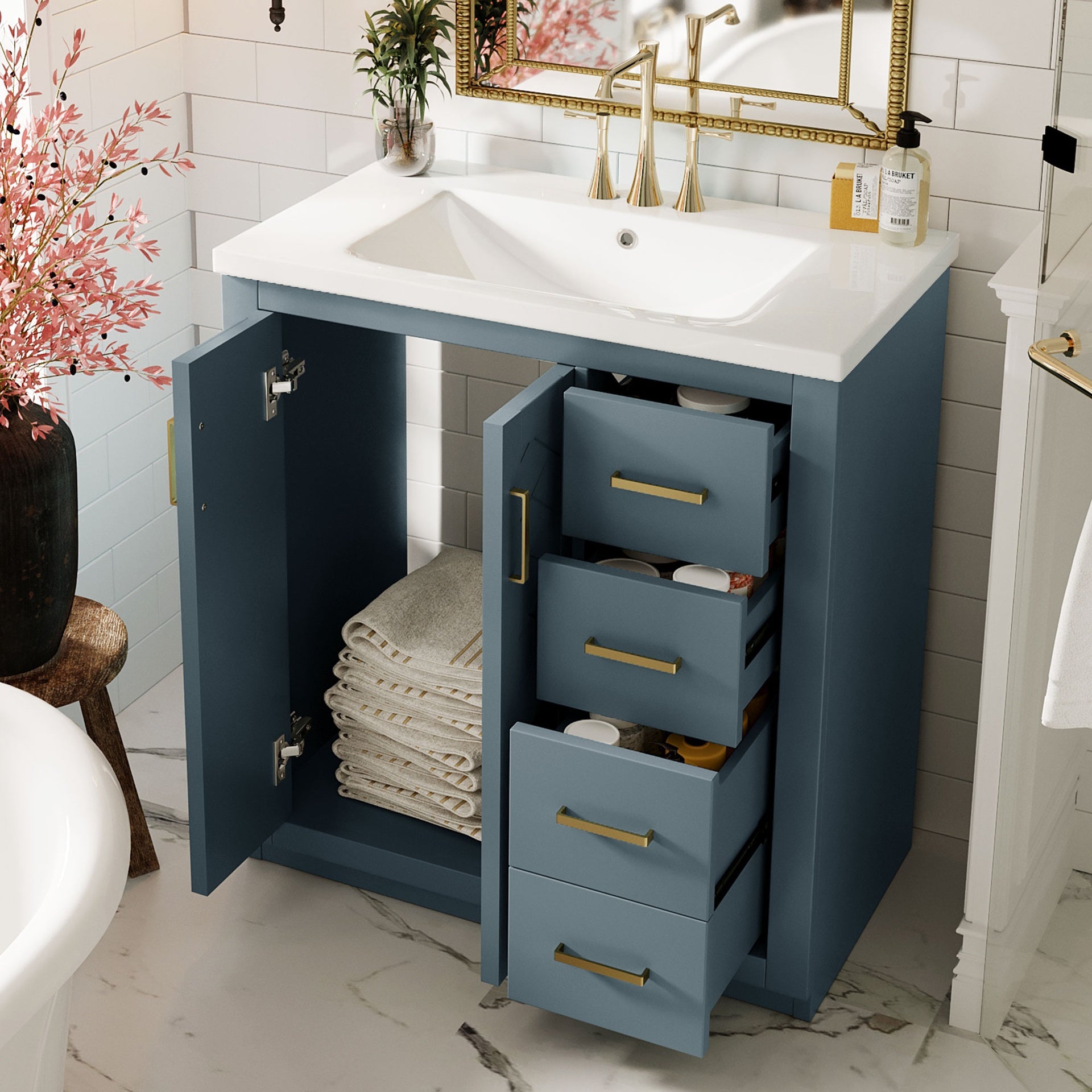 30'' Bathroom Vanity with Ceramic Sink Combo, Solid Wood Frame Bathroom Storage Cabinet, Freestanding Vanity Set with 3 Drawers& Soft Closing Doors