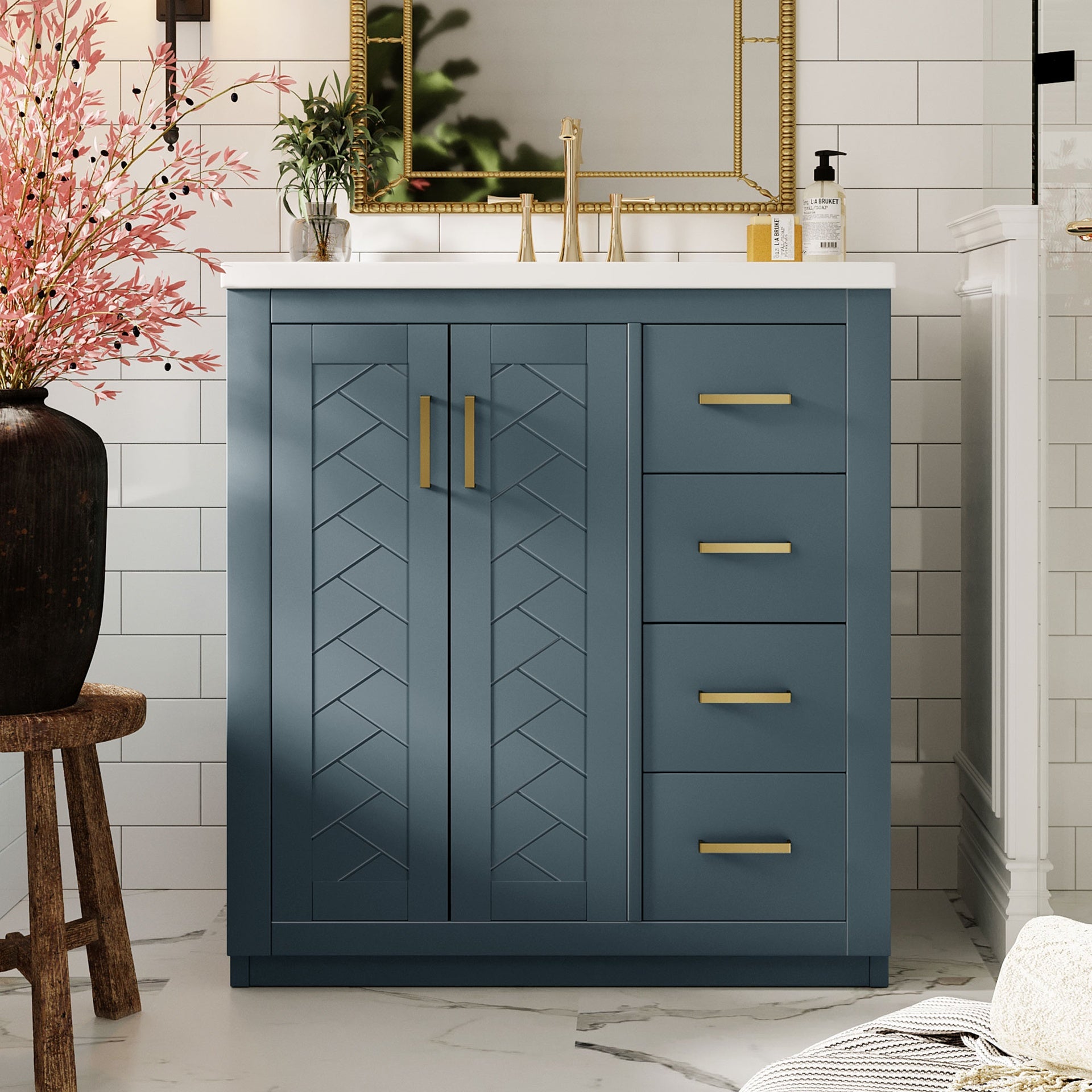 30'' Bathroom Vanity with Ceramic Sink Combo, Solid Wood Frame Bathroom Storage Cabinet, Freestanding Vanity Set with 3 Drawers& Soft Closing Doors