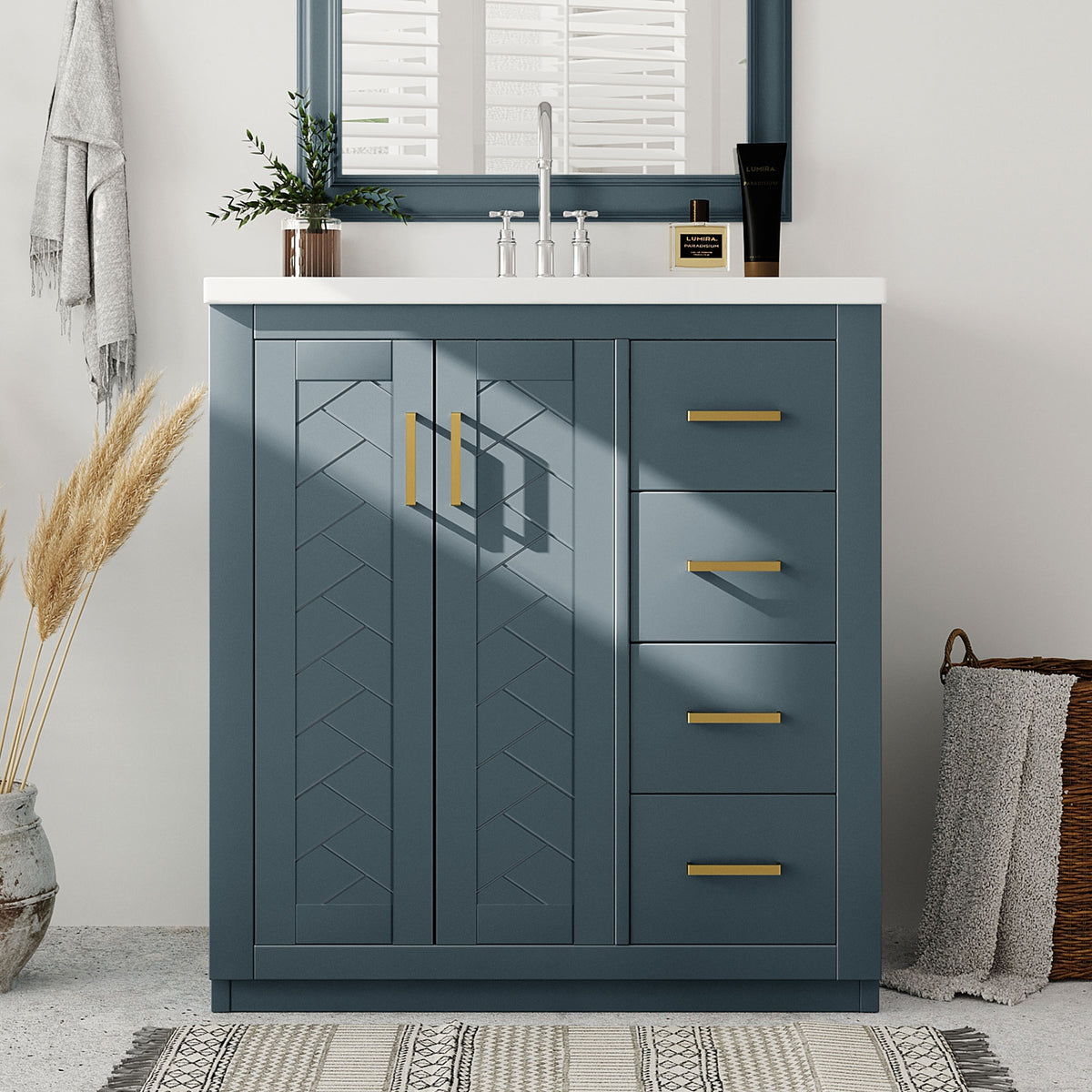 30'' Bathroom Vanity with Ceramic Sink Combo, Solid Wood Frame Bathroom Storage Cabinet, Freestanding Vanity Set with 3 Drawers& Soft Closing Doors