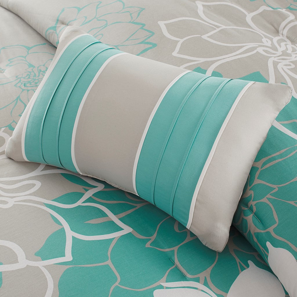 Printed Cotton Sateen Comforter Set Aqua Queen