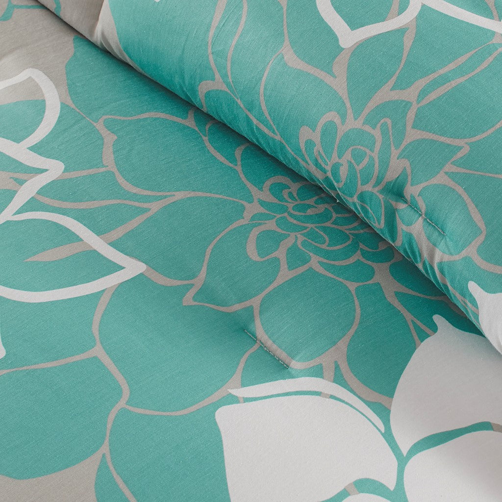 Printed Cotton Sateen Comforter Set Aqua Queen