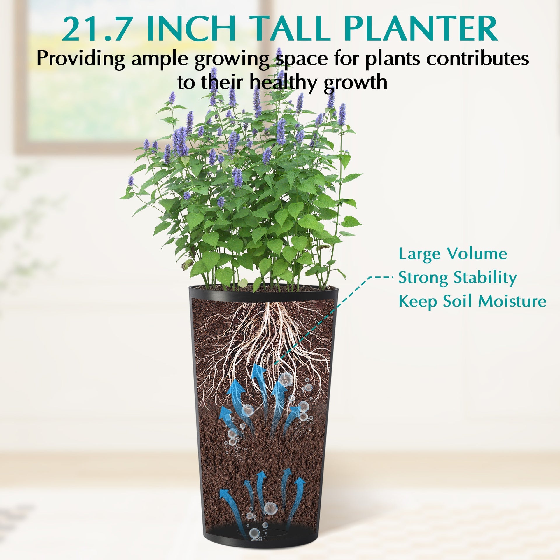 2 Pack Tall 21.7 in Planters for Outdoor Plants Modern Tall Square Planter Box Indoor Outdoor Porch Patio Flower Pot Modern Big Tapered Matte Tree Flower Pot for Garden, (Black)