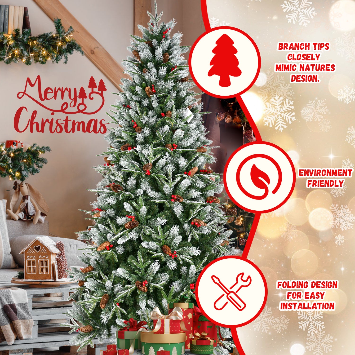 4FT Christmas Tree with 747 Tips, Red Berries & Pine Cones – Snow-Dusted PE+PVC Branches, Hinged Design for Easy Setup, Sturdy Metal Stand – Full, Natural Holiday Tree Decoration