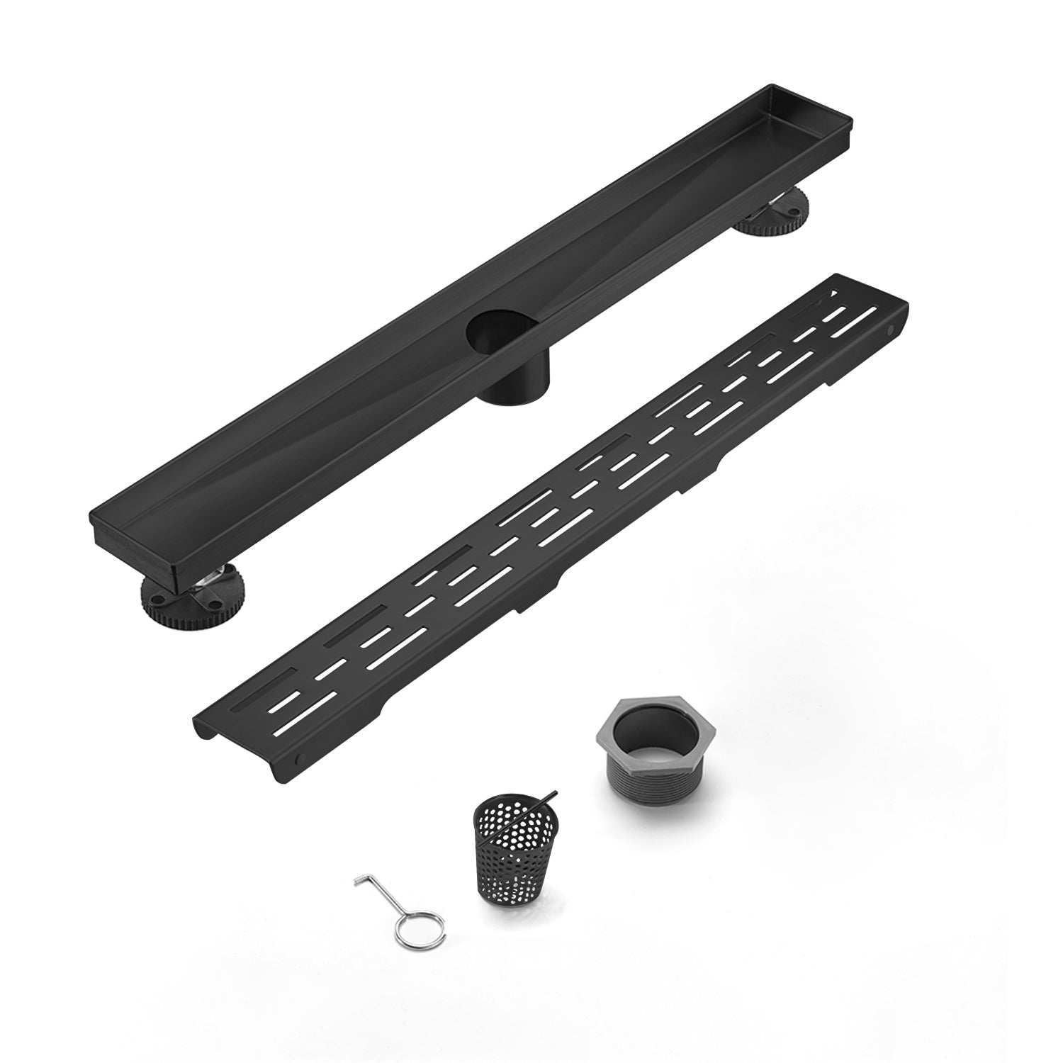 28 Inch Linear Shower Drain with Removable Brick Patterned Grate Cover, 304 Stainless Steel Shower Floor Drain with Hair Strainer and Leveling Feet